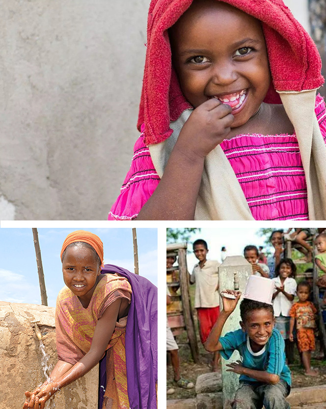 Es sind drei Bilder zu sehen. Das erste Bild zeigt ein lachendes Mädchen, welches eine Kaputze trägt. Das zweite Bild zeigt ein Mädchen beim Händewaschen. Auf dem dritten Bild sind mehre Kinder an einer Wasserquelle zu sehen.